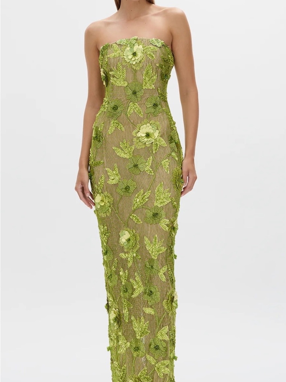 Rachel Gilbert Lime Green Strapless Sequin Floral Gown - Picture 2 of 11